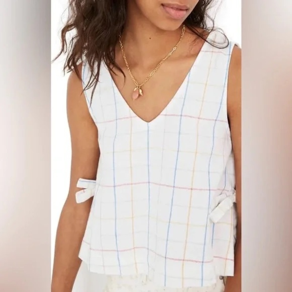 Madewell White Plaid V-Neck Tie-Side Tank Top